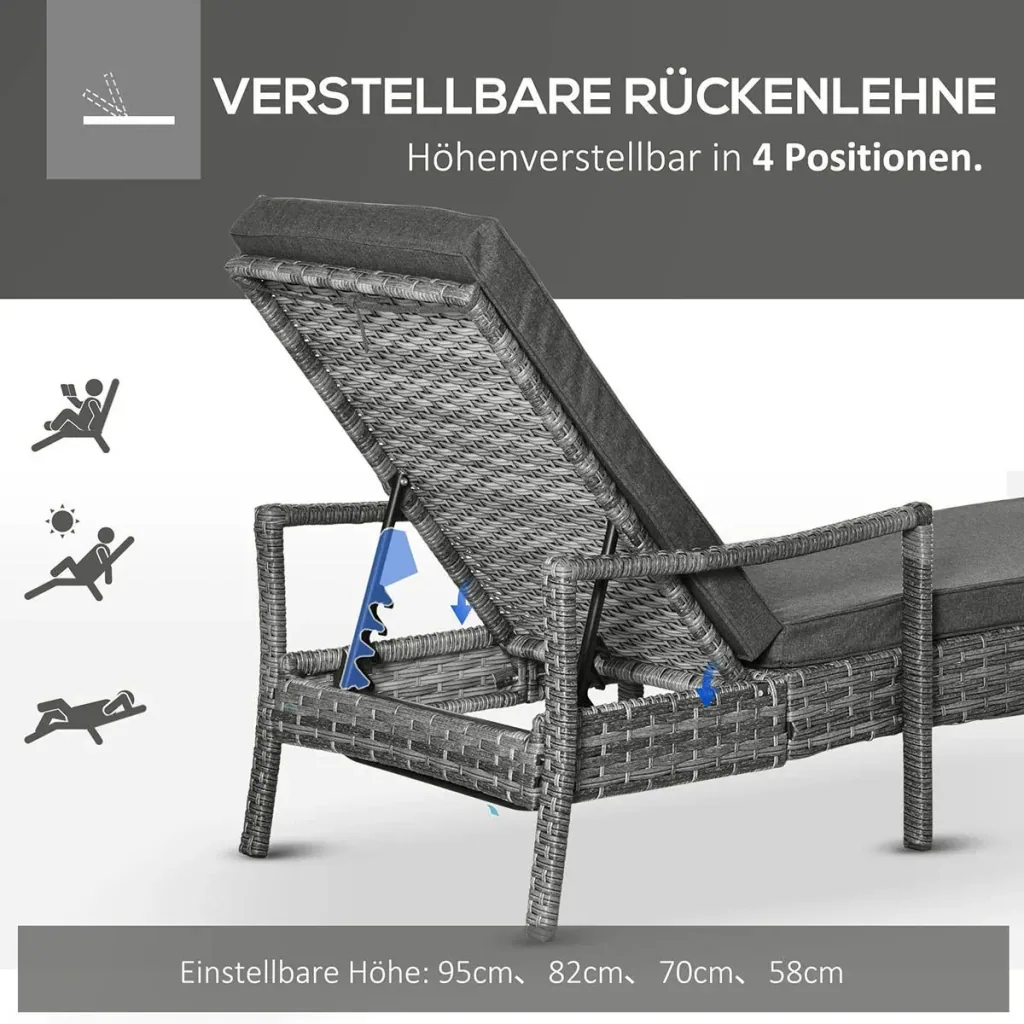 Sun lounger polyrattan garden lounger rattan lounger garden furniture lounger with cushion 4 levels adjustable grey 192 x 62.5