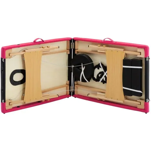 Folding massage table with 2 zones made of wood, black and pink