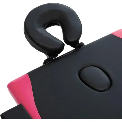 Folding massage table with 2 zones made of wood, black and pink