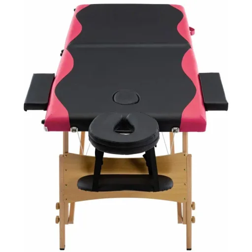 Folding massage table with 2 zones made of wood, black and pink