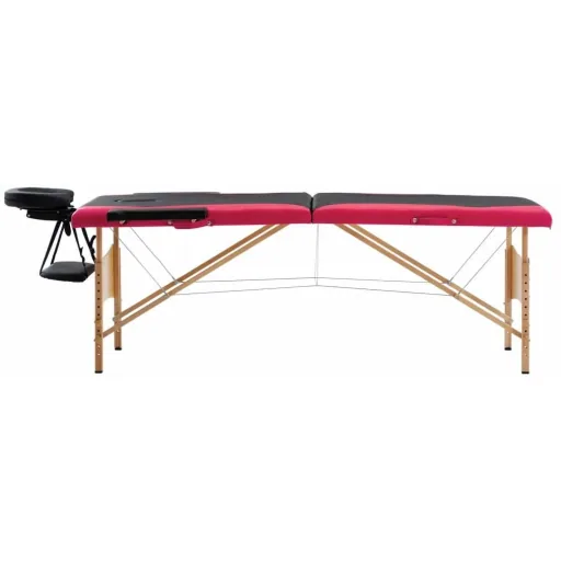 Folding massage table with 2 zones made of wood, black and pink