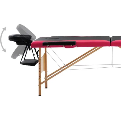 Folding massage table with 2 zones made of wood, black and pink