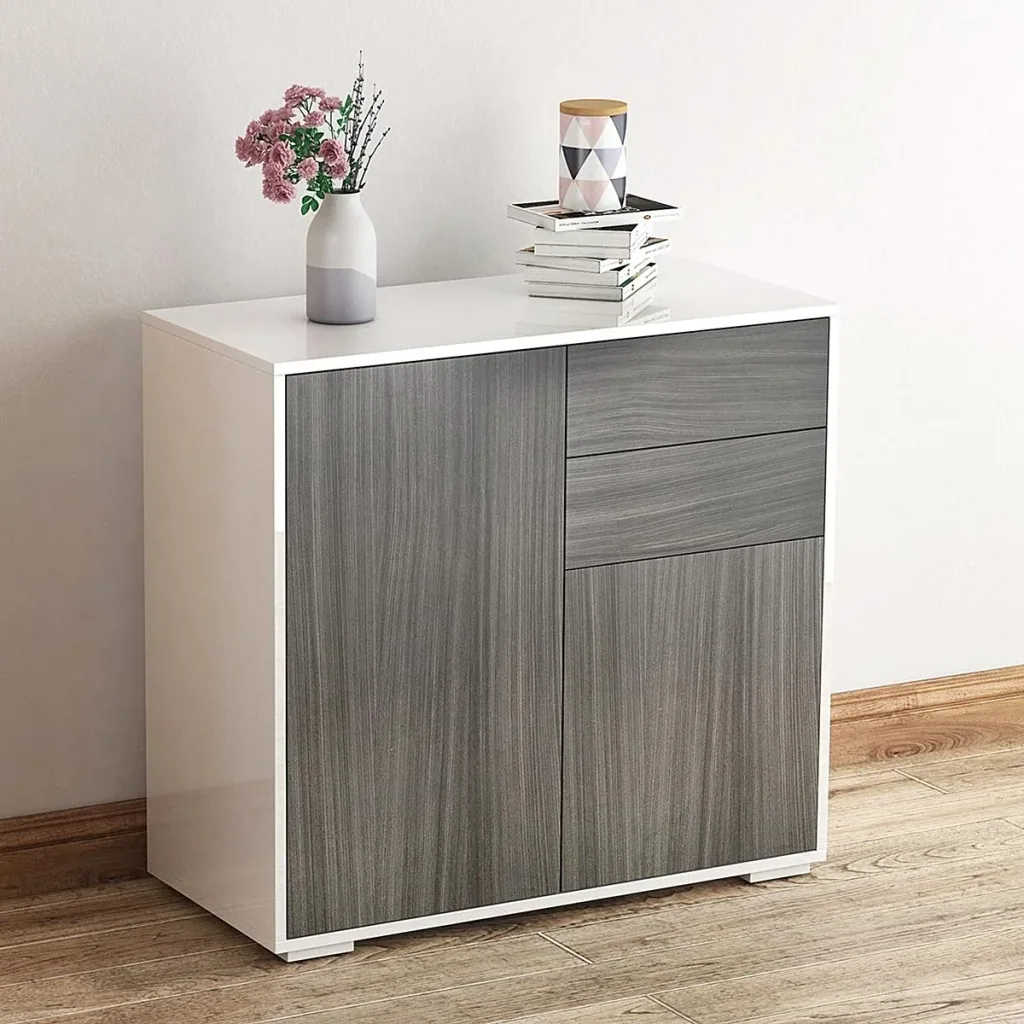 Freestanding cupboard, storage cupboard, multi-purpose cupboard, filing cabinet, chest of drawers, 2 drawers, 2 doors, E1 chipboard, high gloss white