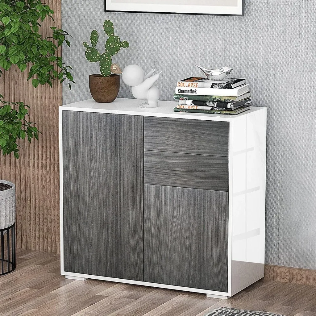 Freestanding cupboard, storage cupboard, multi-purpose cupboard, filing cabinet, chest of drawers, 2 drawers, 2 doors, E1 chipboard, high gloss white