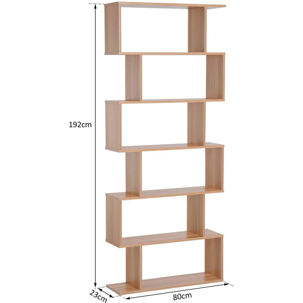 Bookshelf wall shelf room divider with 6 compartments maple