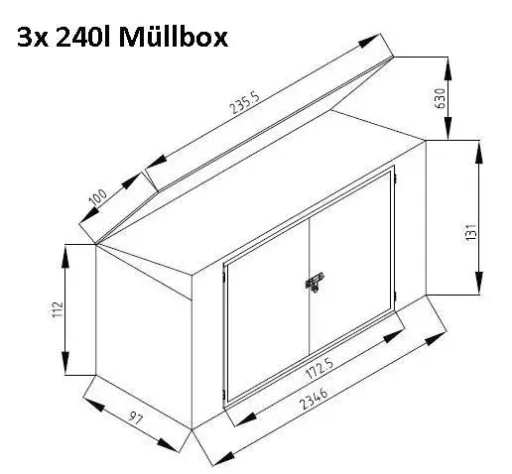 Afvalbakombouw 73, 235,5×100×131 cm, donkergrijs – staal voor 3x 240 L met lessenaarsdak