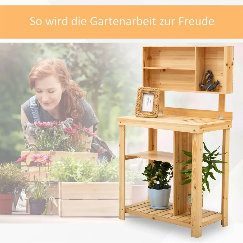 Gardening table with natural shelf