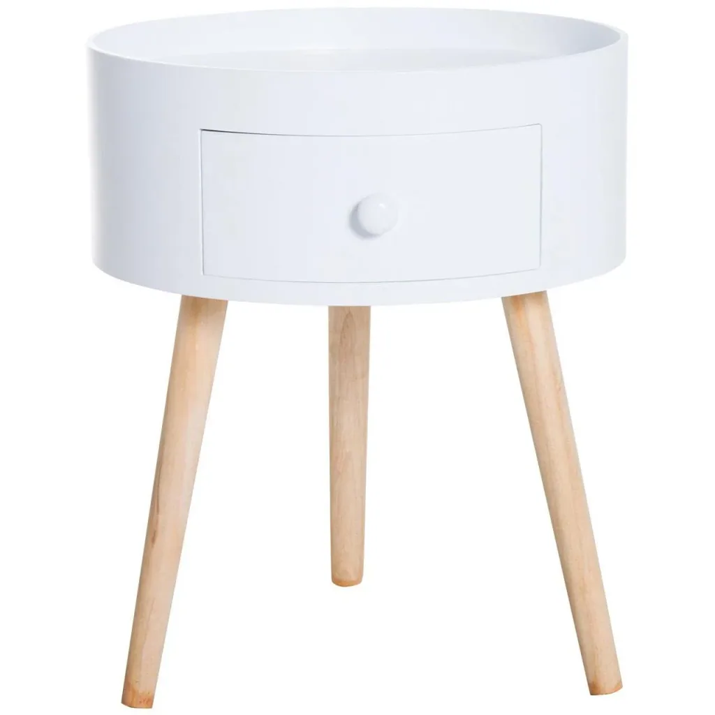 Round coffee table with drawer, white wood