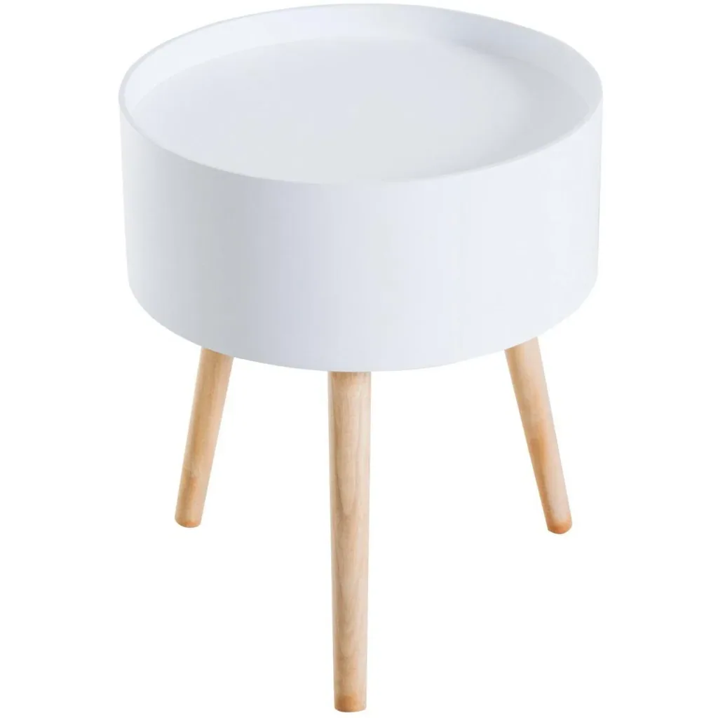 Round coffee table with drawer, white wood