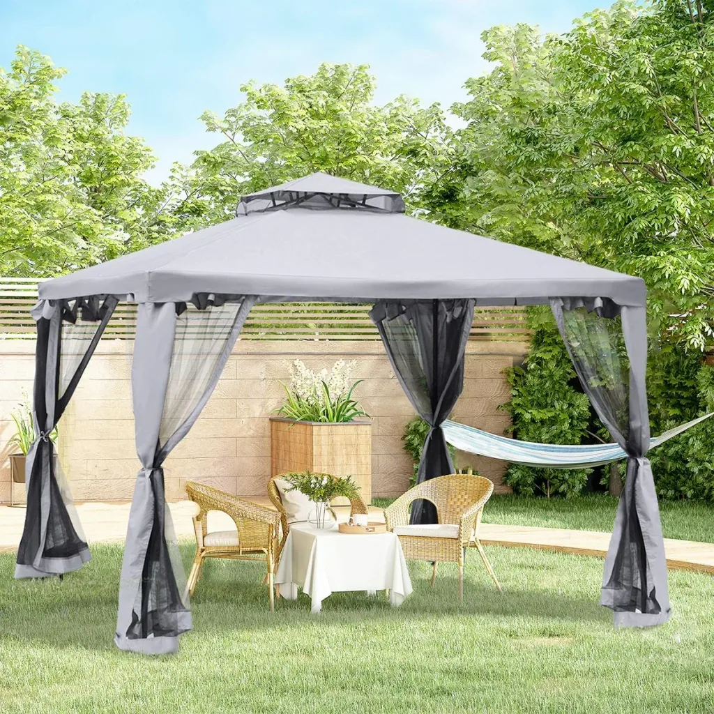 Garden pavilion, gazebo, garden tent, marquee, party tent with 4 side walls, weatherproof, metal + polyester, grey, 3 x 3 x 2.6