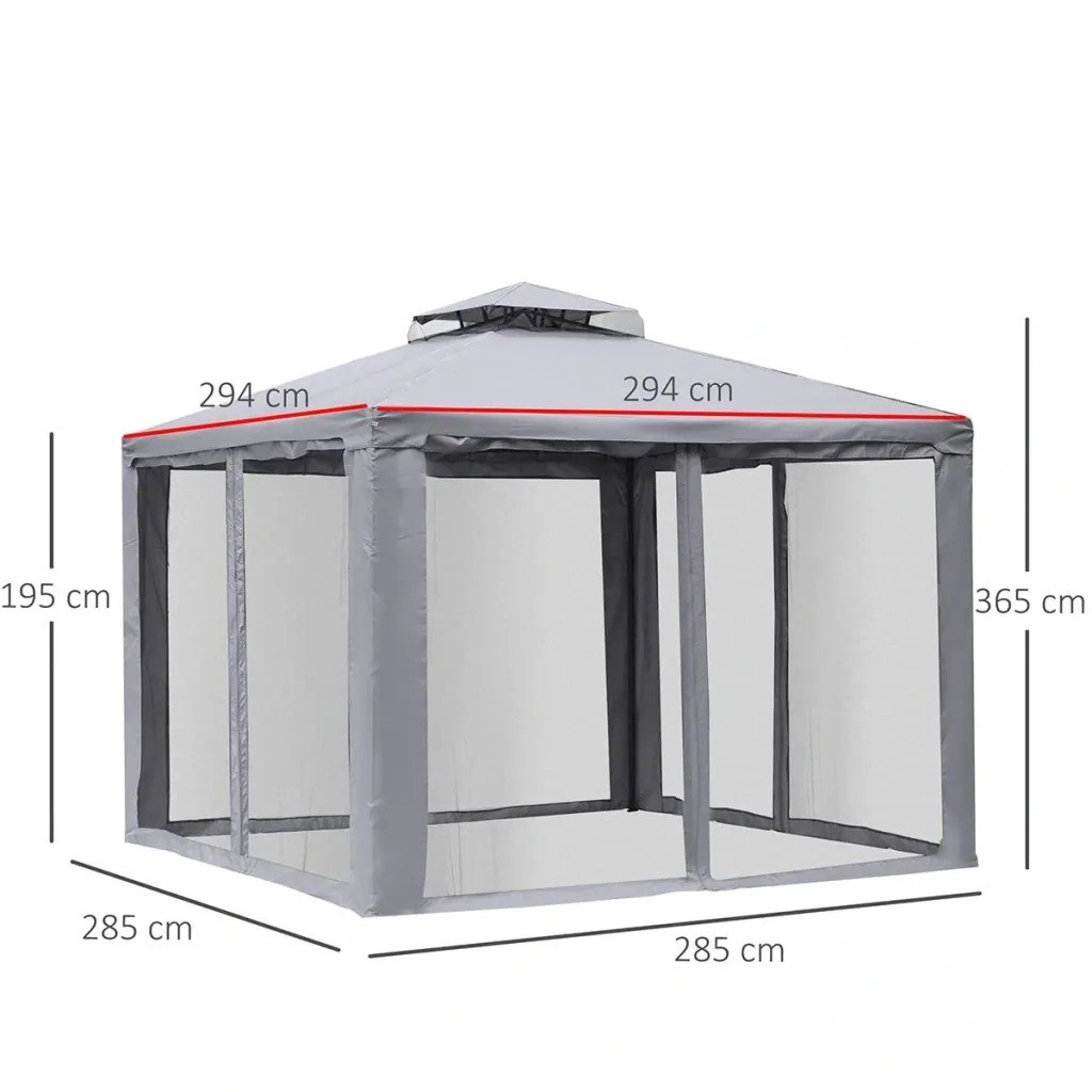 Garden pavilion, gazebo, garden tent, marquee, party tent with 4 side walls, weatherproof, metal + polyester, grey, 3 x 3 x 2.6