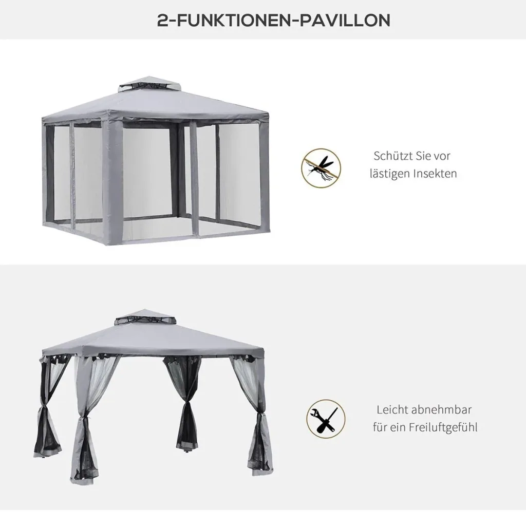 Garden pavilion, gazebo, garden tent, marquee, party tent with 4 side walls, weatherproof, metal + polyester, grey, 3 x 3 x 2.6