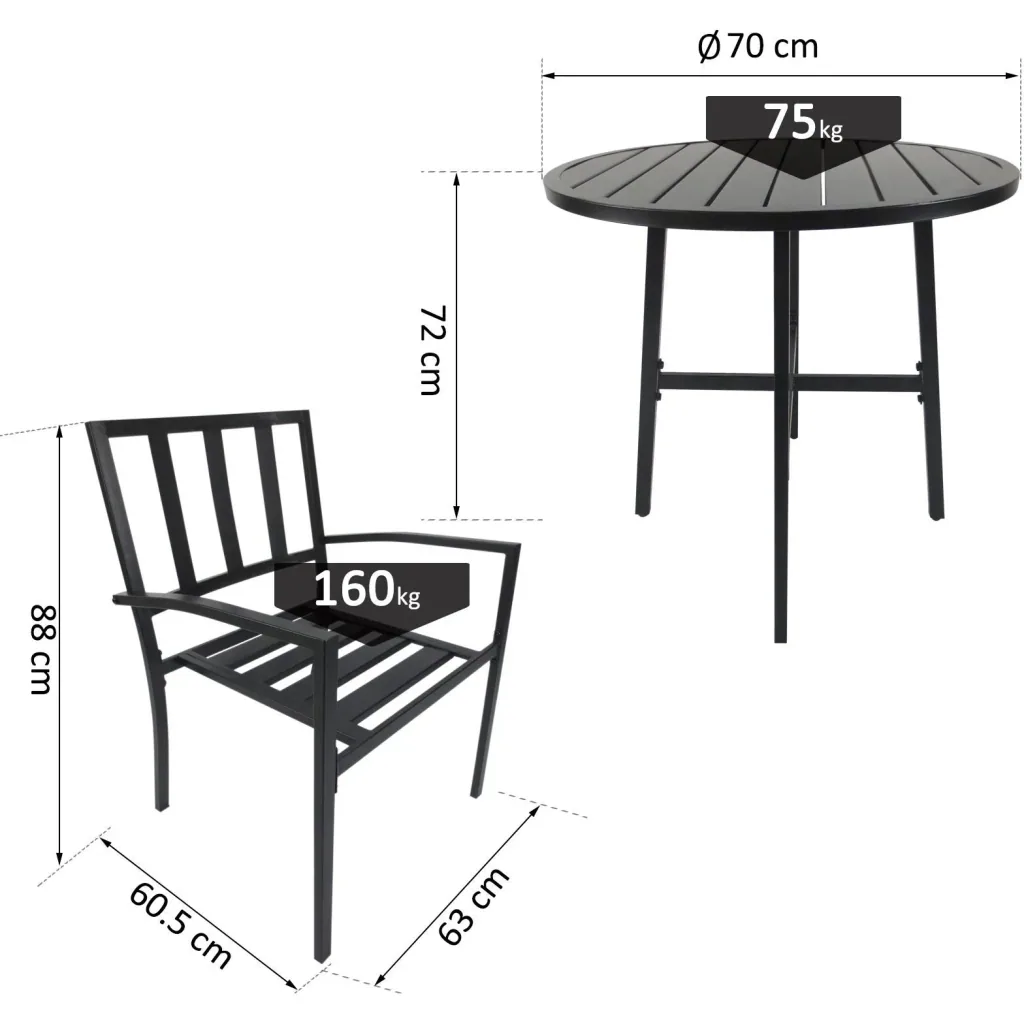 3-piece dining set, dining table set, round metal table, black with 1 table + 2 chairs
