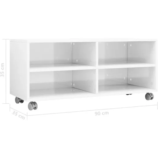 TV cabinet with castors 90x35x35 cm chipboard high gloss white