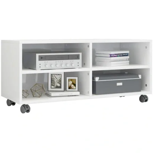 TV cabinet with castors 90x35x35 cm chipboard high gloss white