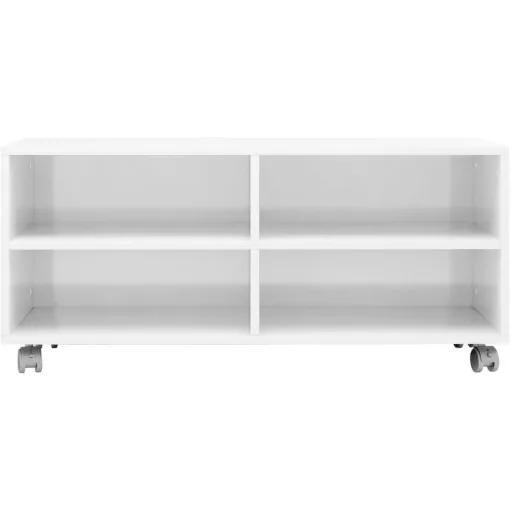 TV cabinet with castors 90x35x35 cm chipboard high gloss white