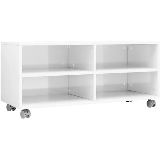 TV cabinet with castors 90x35x35 cm chipboard high gloss white