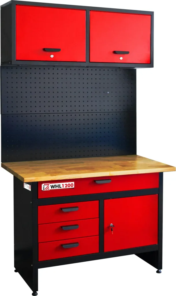 Workbench with wall cabinet and pegboard