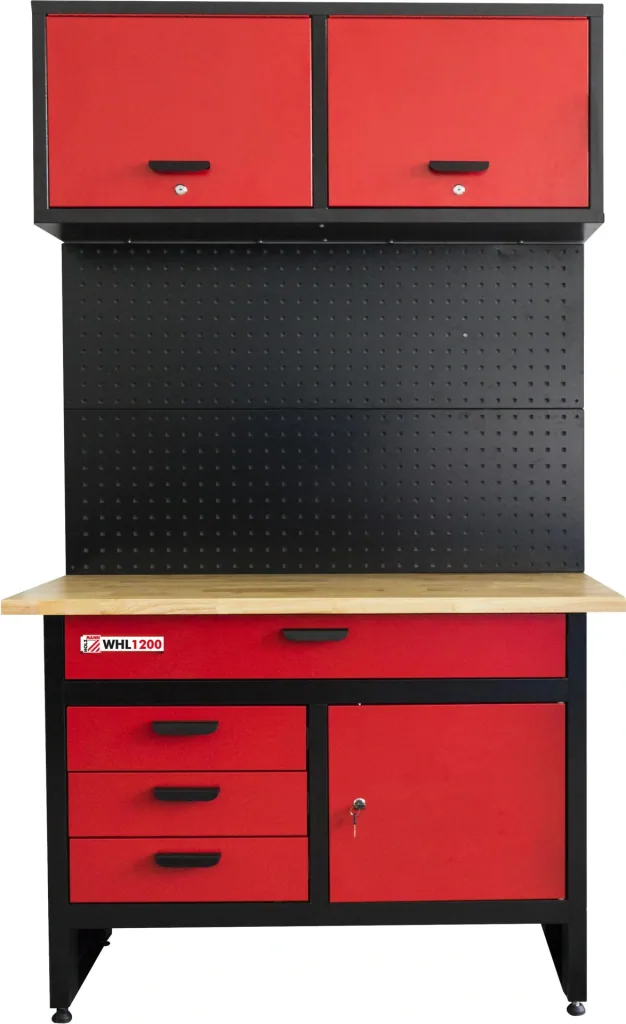 Workbench with wall cabinet and pegboard