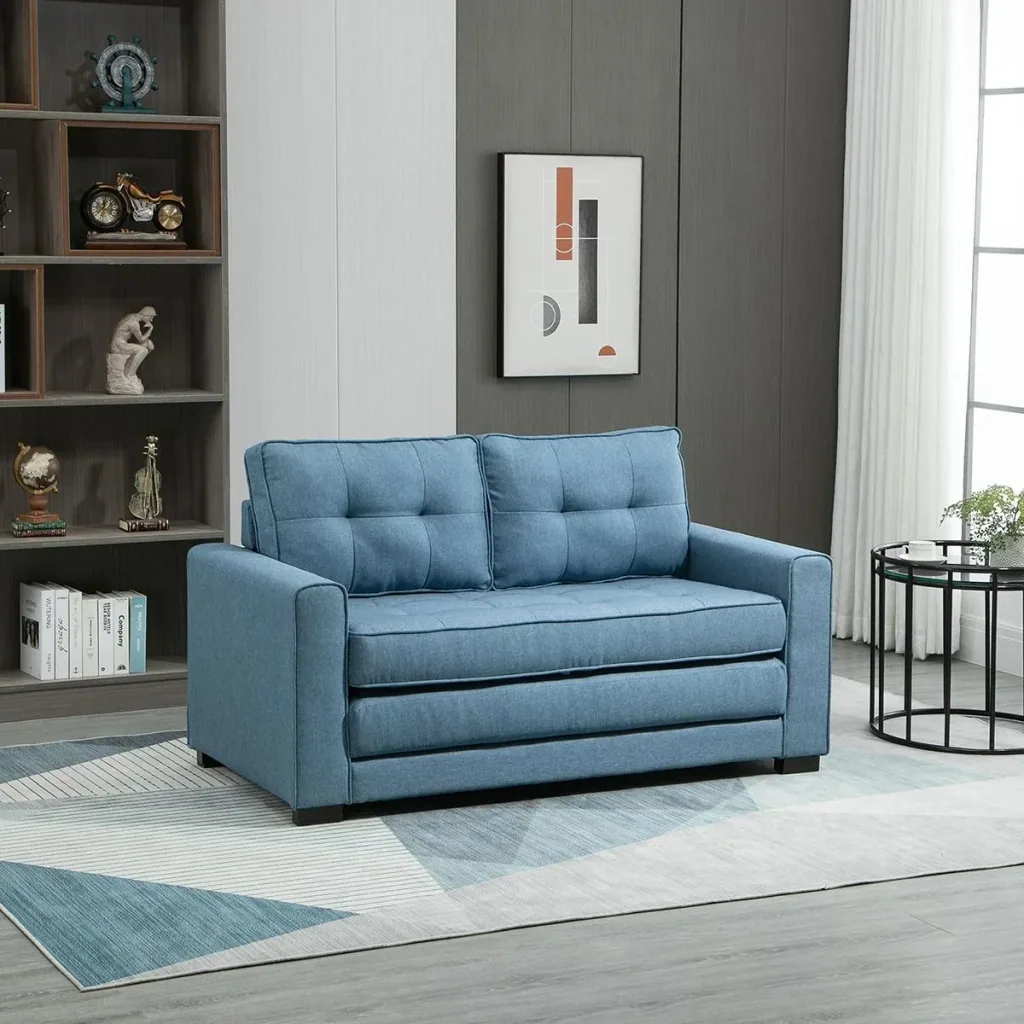 Pull-out two-seater sofa bed, solid wood, linen look, blue, 147.5 x 75 x 85 cm