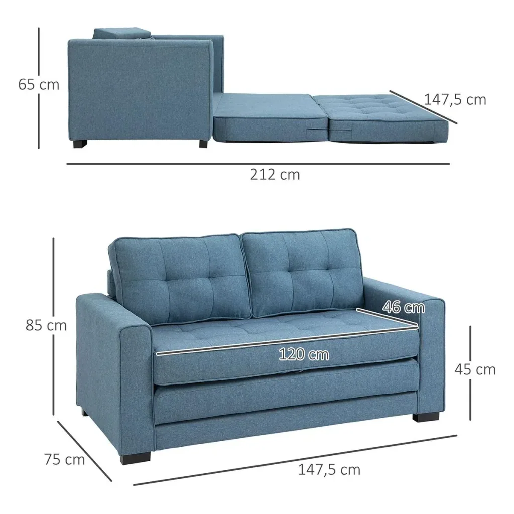 Pull-out two-seater sofa bed, solid wood, linen look, blue, 147.5 x 75 x 85 cm