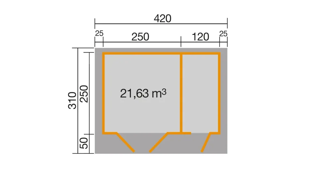 Garden house 253 Gr.2, 420 x 310 x 270 cm wall thickness 28 mm, double door, with 2nd room single door