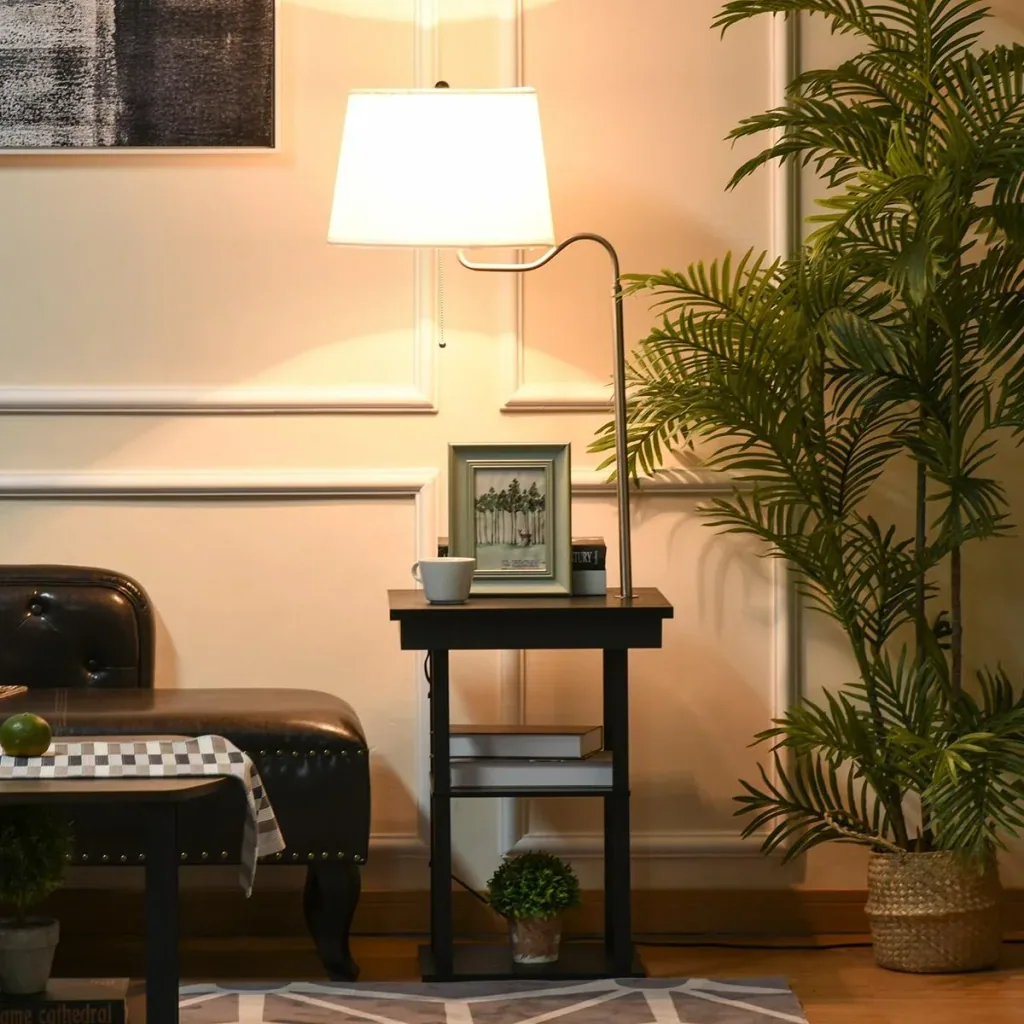 2-in-1 floor lamp with shelf black, white