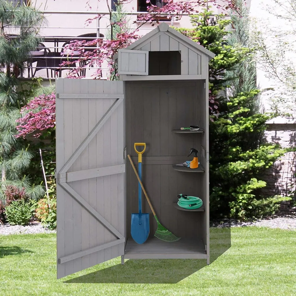Tool shed with shelves