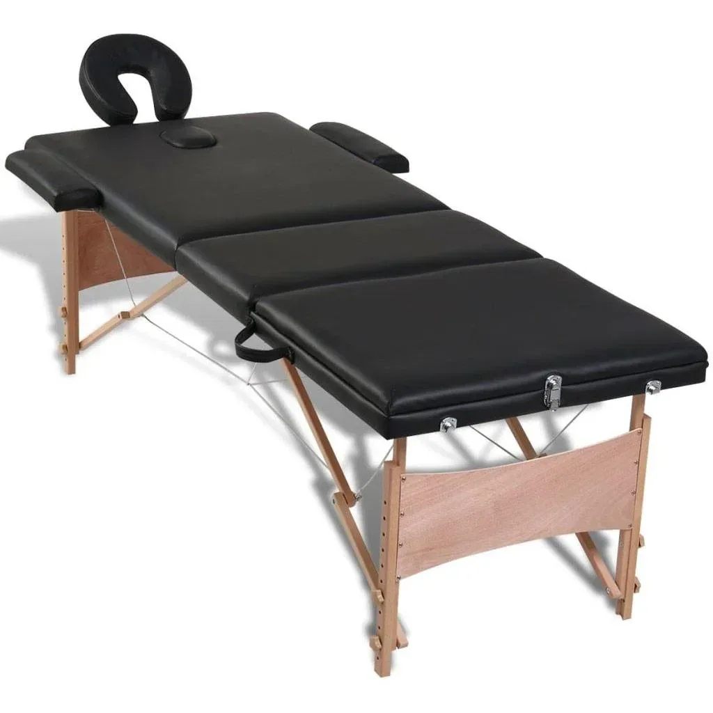 Foldable massage table 3 zones with wooden frame (black)