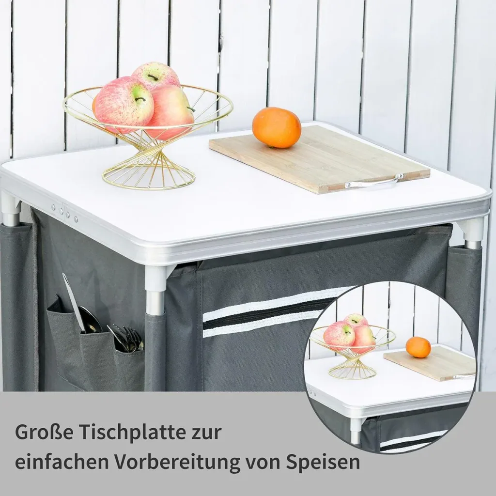 2-in-1 camping table with worktop and compartments, grey