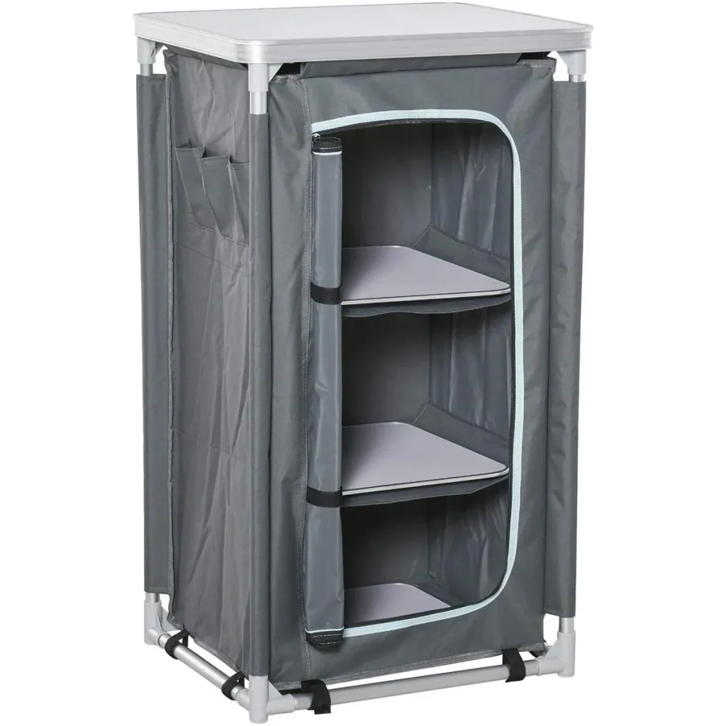 2-in-1 camping table with worktop and compartments, grey