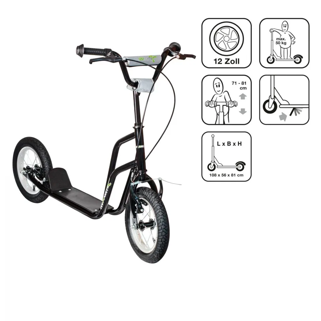 Roller Fun AIR, 12-inch pneumatic tires, steel frame, V-brake, height-adjustable handlebar, including stand, black