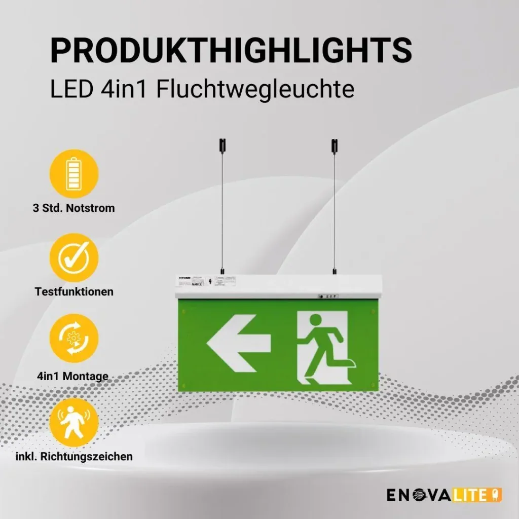 LED escape route light 4in1, emergency exit with emergency power unit with TEST function has 4 mounting options