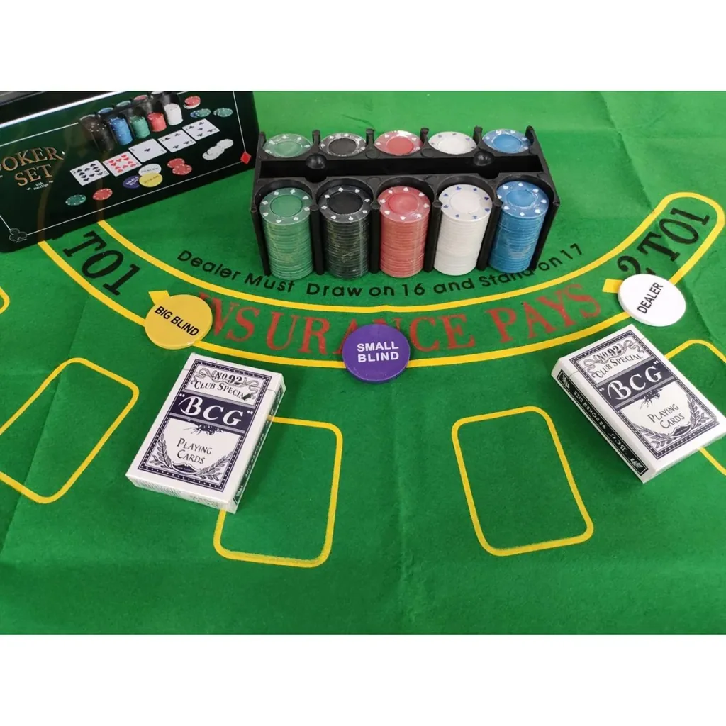 Poker set INCLUDES 200 chips, tablecloth, playing cards and storage box