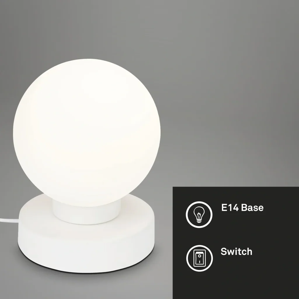 PULU table lamp, white metal base, opal glass, cable switch, E14 socket