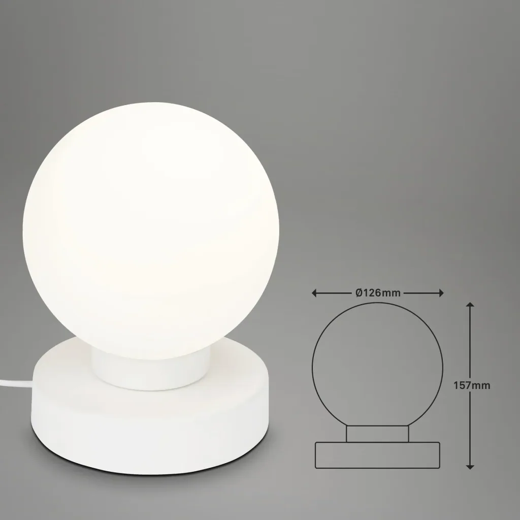 PULU table lamp, white metal base, opal glass, cable switch, E14 socket