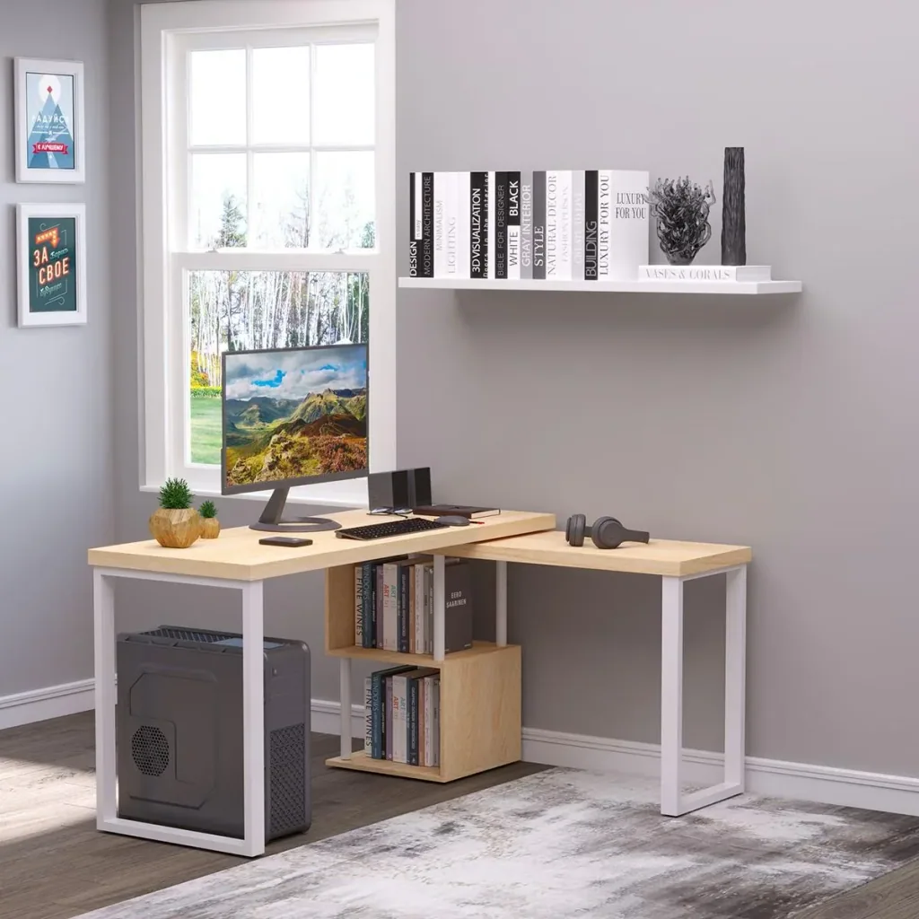 Corner desk, angle desk, PC table, computer table, office table, L-shaped, 360° rotatable, MDF, iron, white + oak, 220 x 55