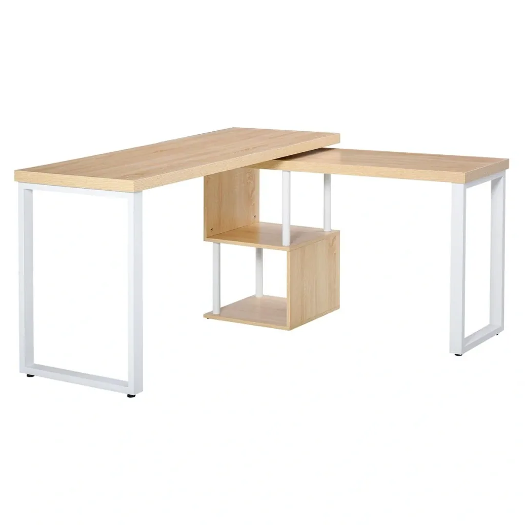 Corner desk, angle desk, PC table, computer table, office table, L-shaped, 360° rotatable, MDF, iron, white + oak, 220 x 55