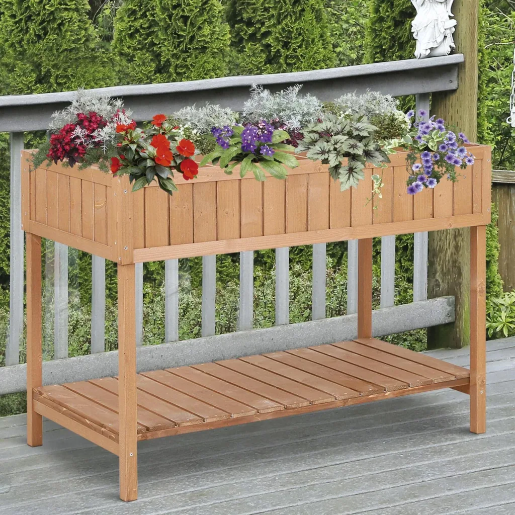 Planting table raised bed flower box cultivation table 8 compartments with drain shelf solid fir wood 120 x 60 x 22 cm