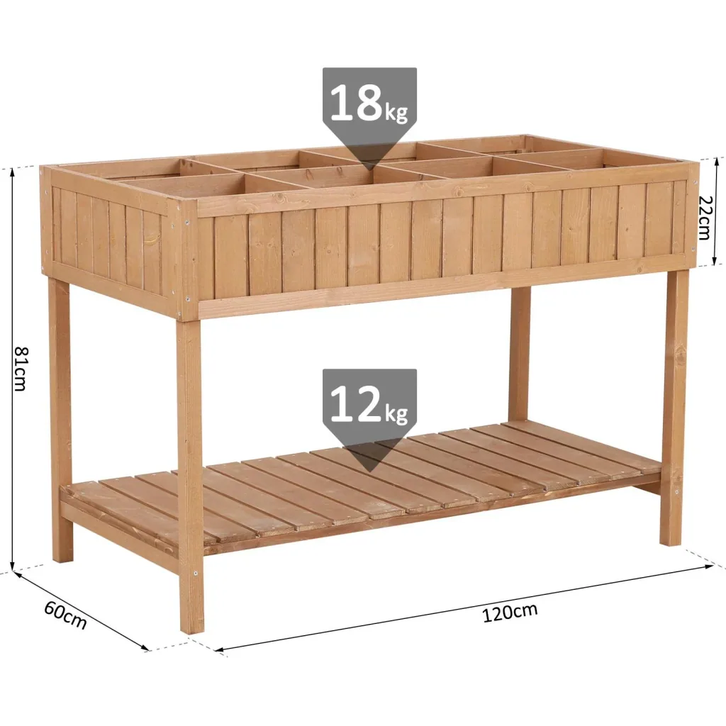 Planting table raised bed flower box cultivation table 8 compartments with drain shelf solid fir wood 120 x 60 x 22 cm