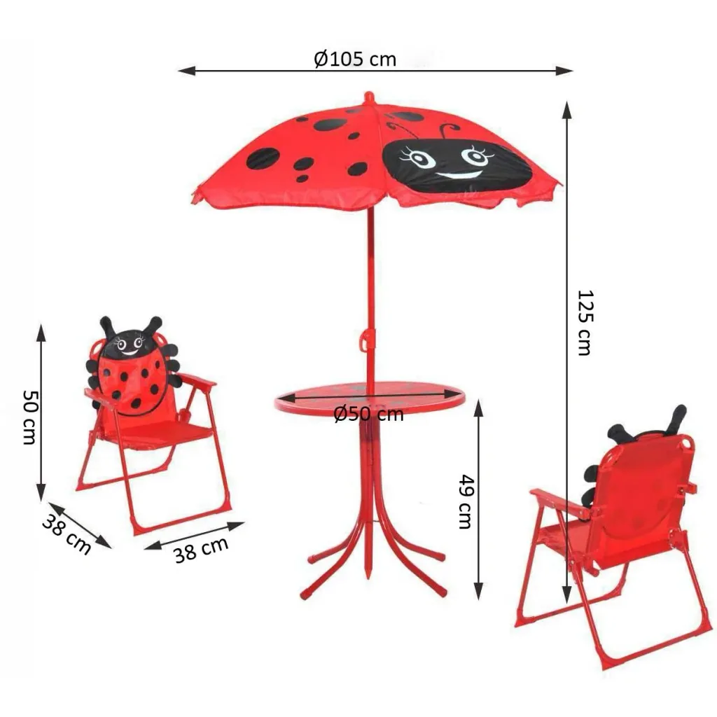 3-piece children's seating group, seating set for children, children's furniture, 1 parasol + 1 table + 2 children's chairs, foldable, red