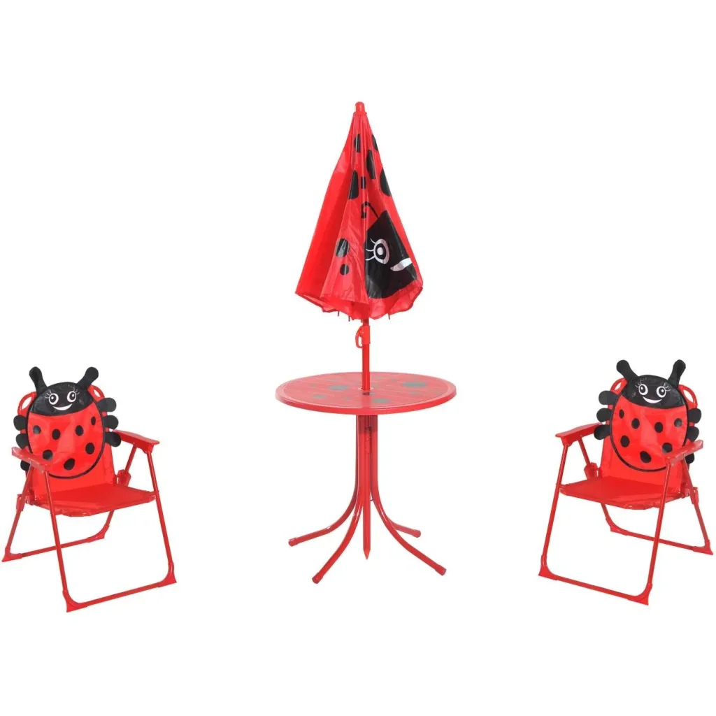 3-piece children's seating group, seating set for children, children's furniture, 1 parasol + 1 table + 2 children's chairs, foldable, red