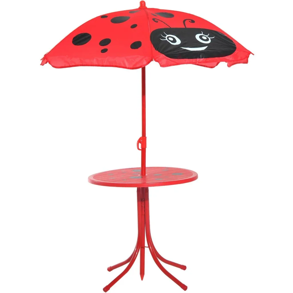 3-piece children's seating group, seating set for children, children's furniture, 1 parasol + 1 table + 2 children's chairs, foldable, red