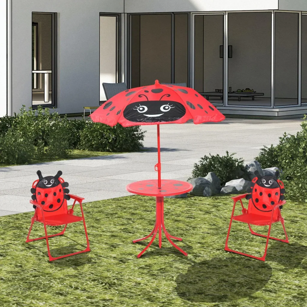3-piece children's seating group, seating set for children, children's furniture, 1 parasol + 1 table + 2 children's chairs, foldable, red