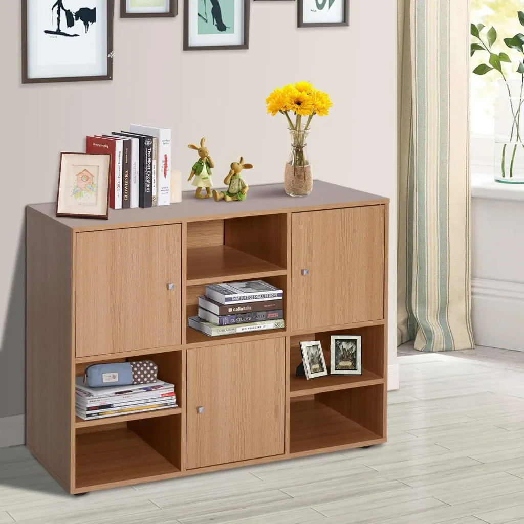 Multi-compartment bookcase, wall shelf, standing shelf, room divider, decorative shelf, cabinet, natural wood, 61.5 x 29.5 x 80 cm