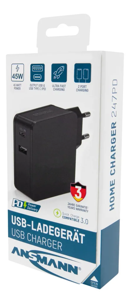 USB charger USB-A and USB-C with 45 watts