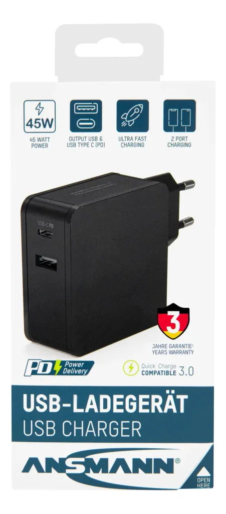 USB charger USB-A and USB-C with 45 watts