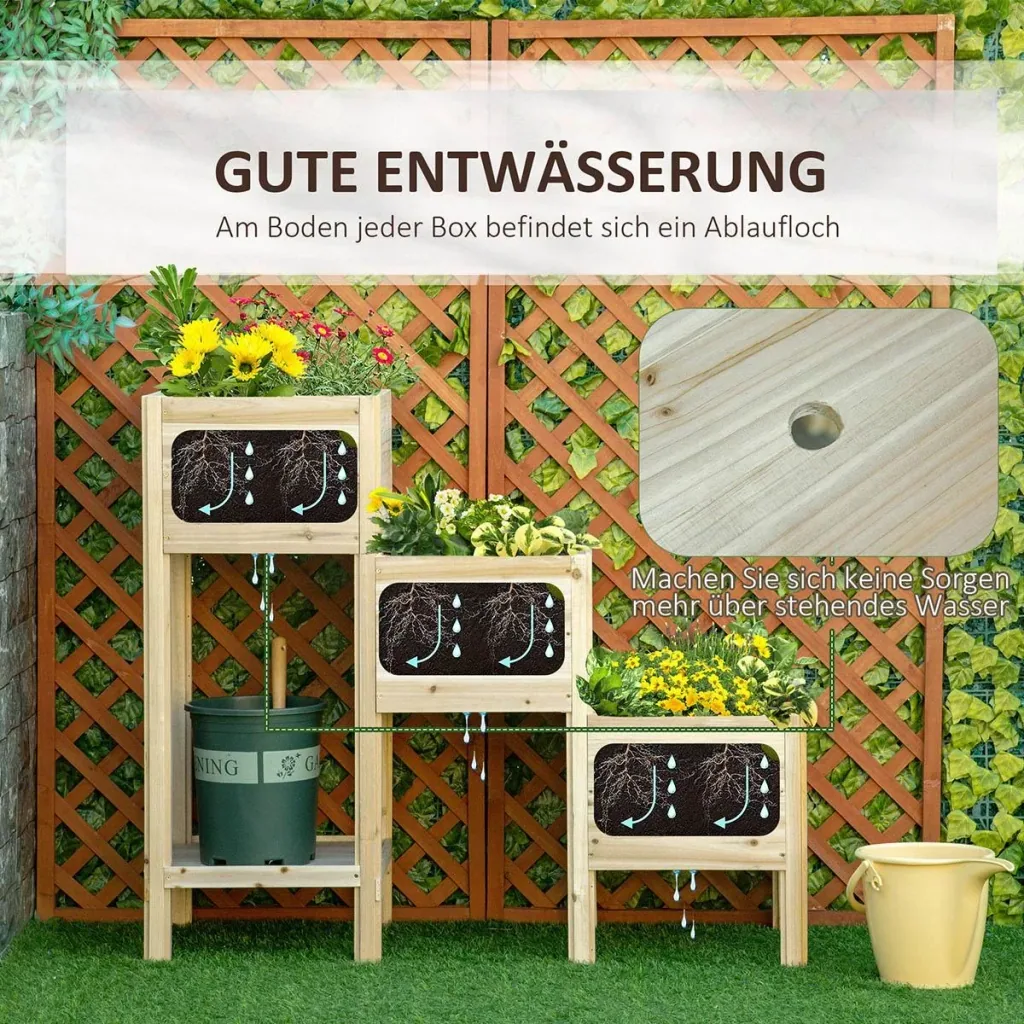 Raised bed 3 levels planter planter made of wood for garden balcony natural 125 x 45 x 108 cm
