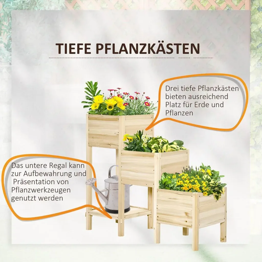 Raised bed 3 levels planter planter made of wood for garden balcony natural 125 x 45 x 108 cm