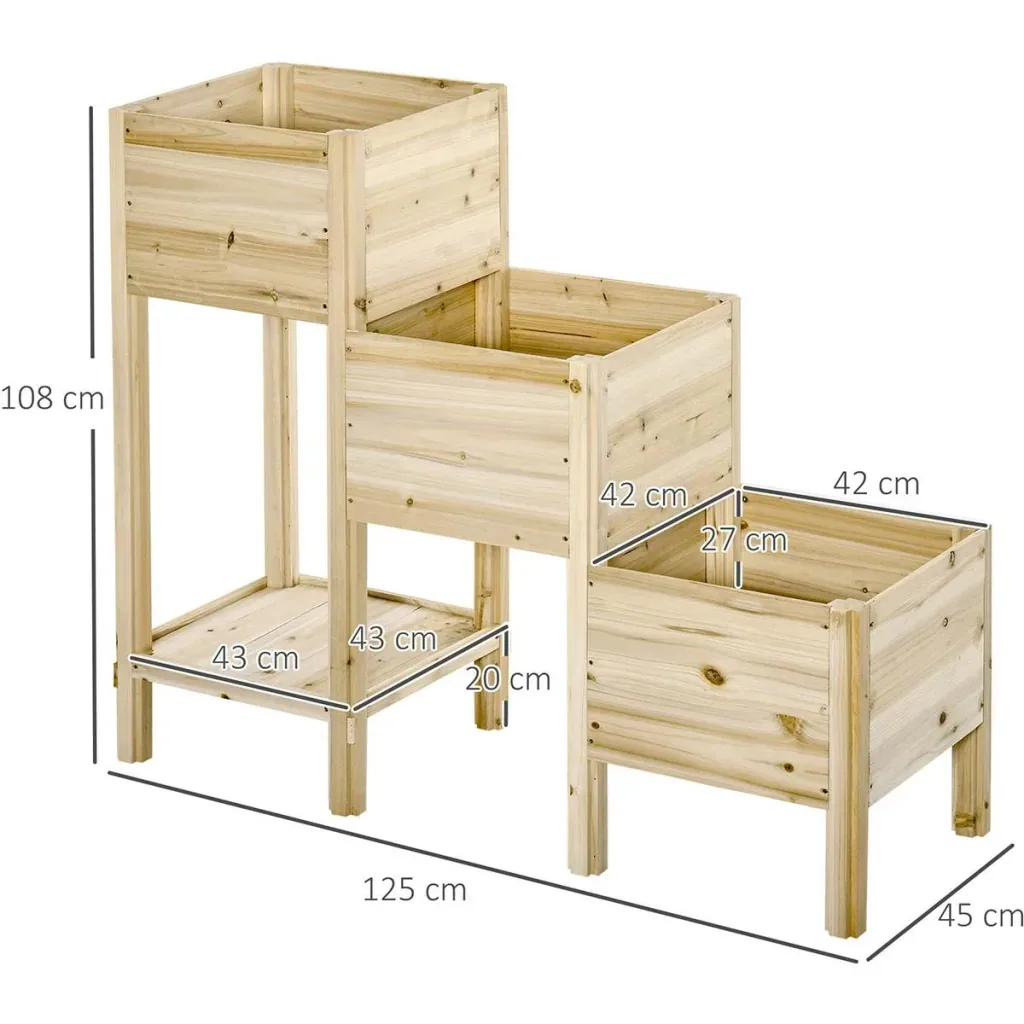 Raised bed 3 levels planter planter made of wood for garden balcony natural 125 x 45 x 108 cm